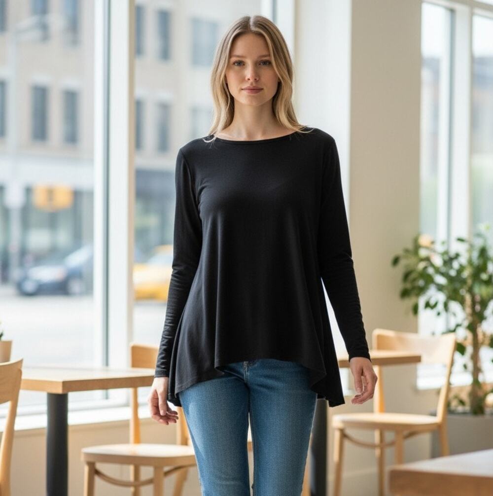 Eileen Fisher Blouse Top Women's S/P Black High Low Hem Long Sleeve Knit